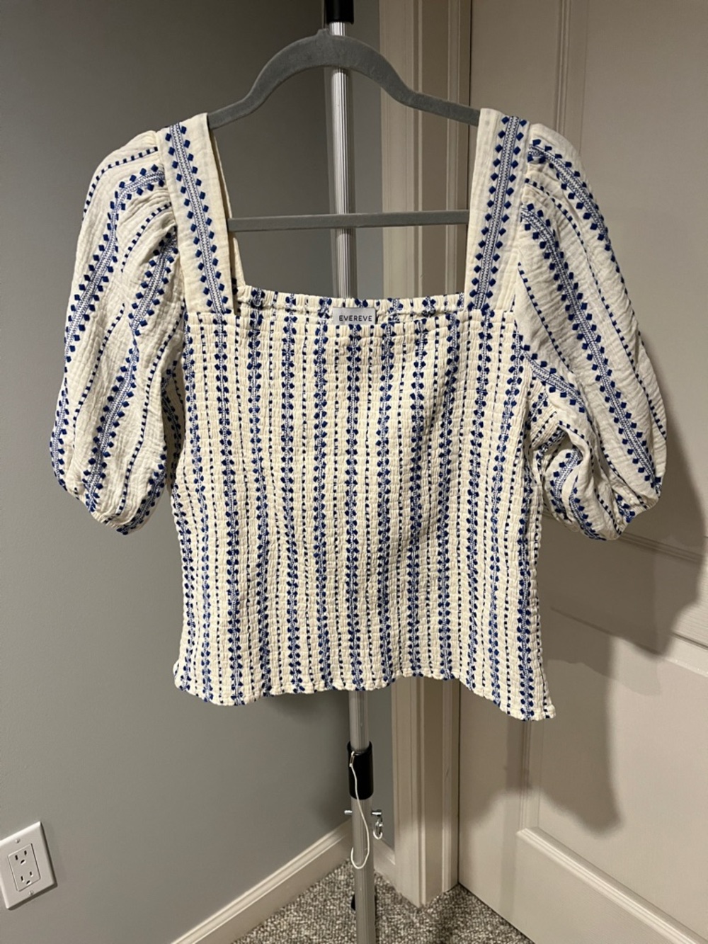 Evereve Cream Top with Blue Embroidered Stripes and Square Neck